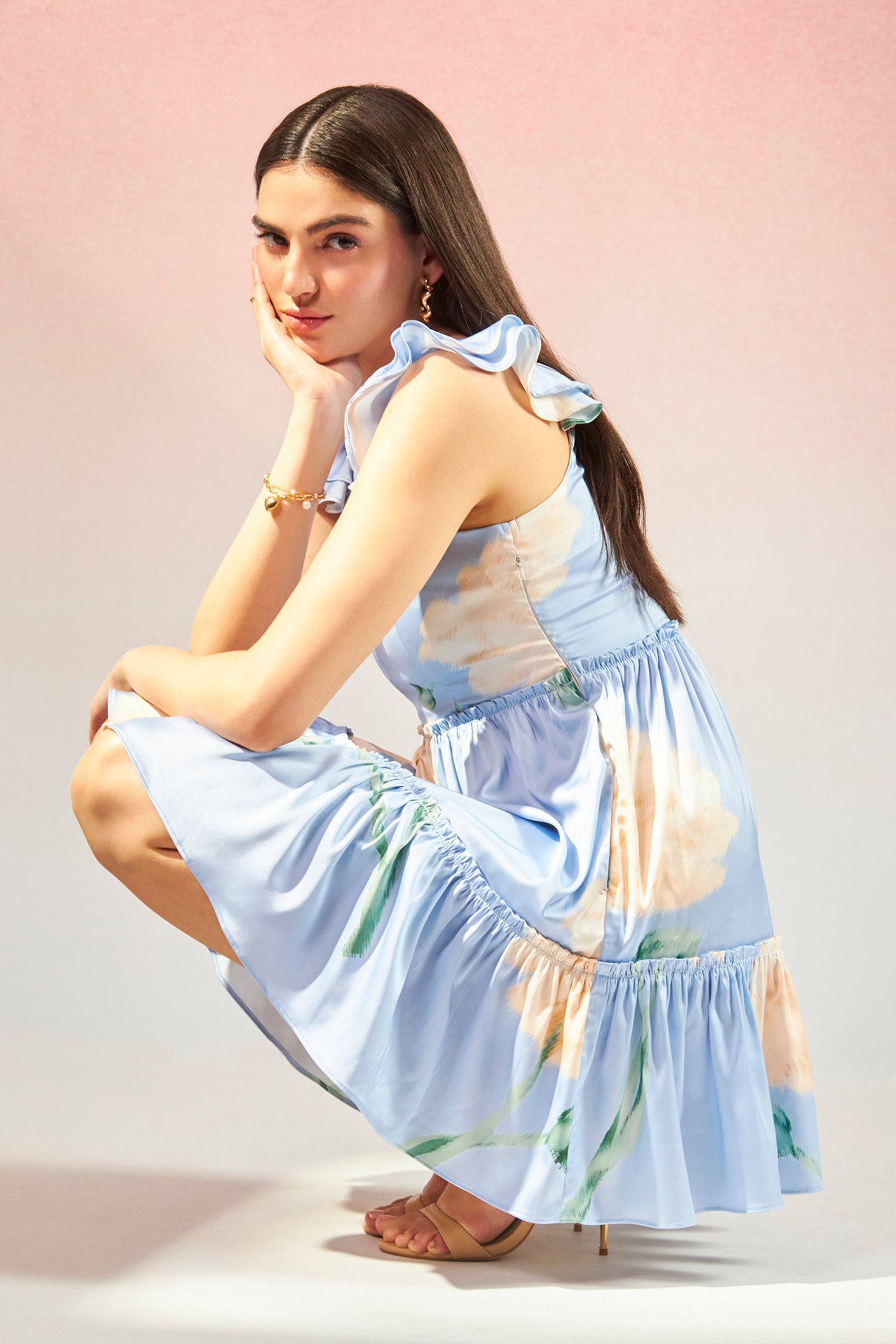 Freya|Chic Floral Satin Tier Dress