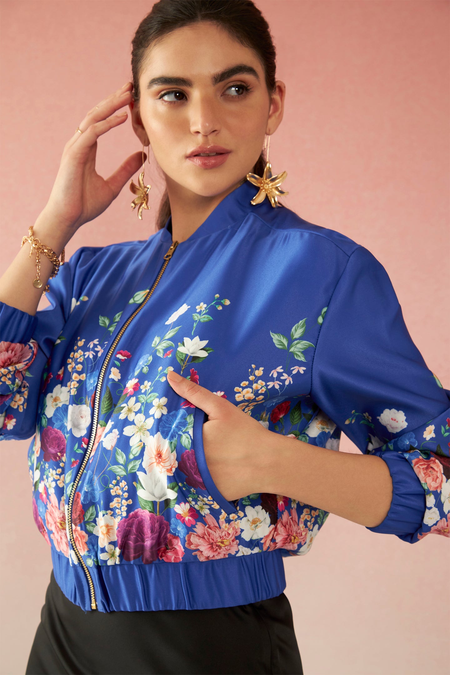 Margot|Versatile Lycra Satin Floral Bomber Jacket