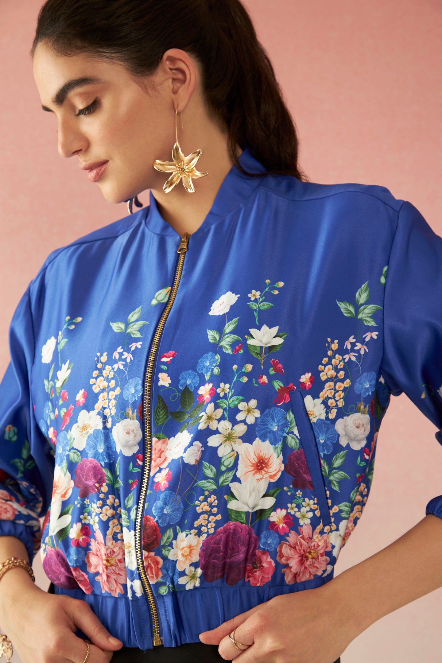 Margot|Versatile Lycra Satin Floral Bomber Jacket