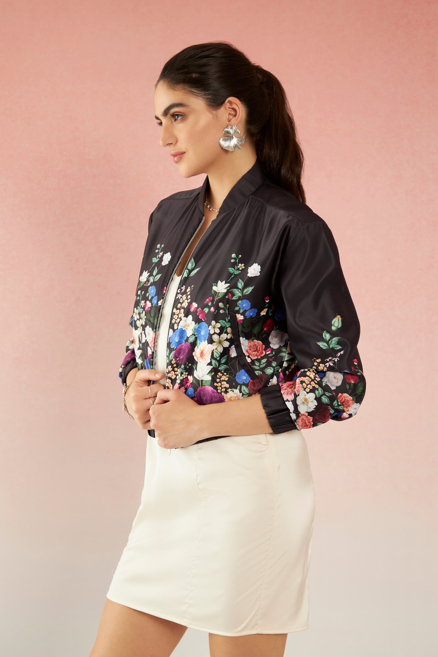 Erica|Chic Lycra Satin Floral Bomber Jacket