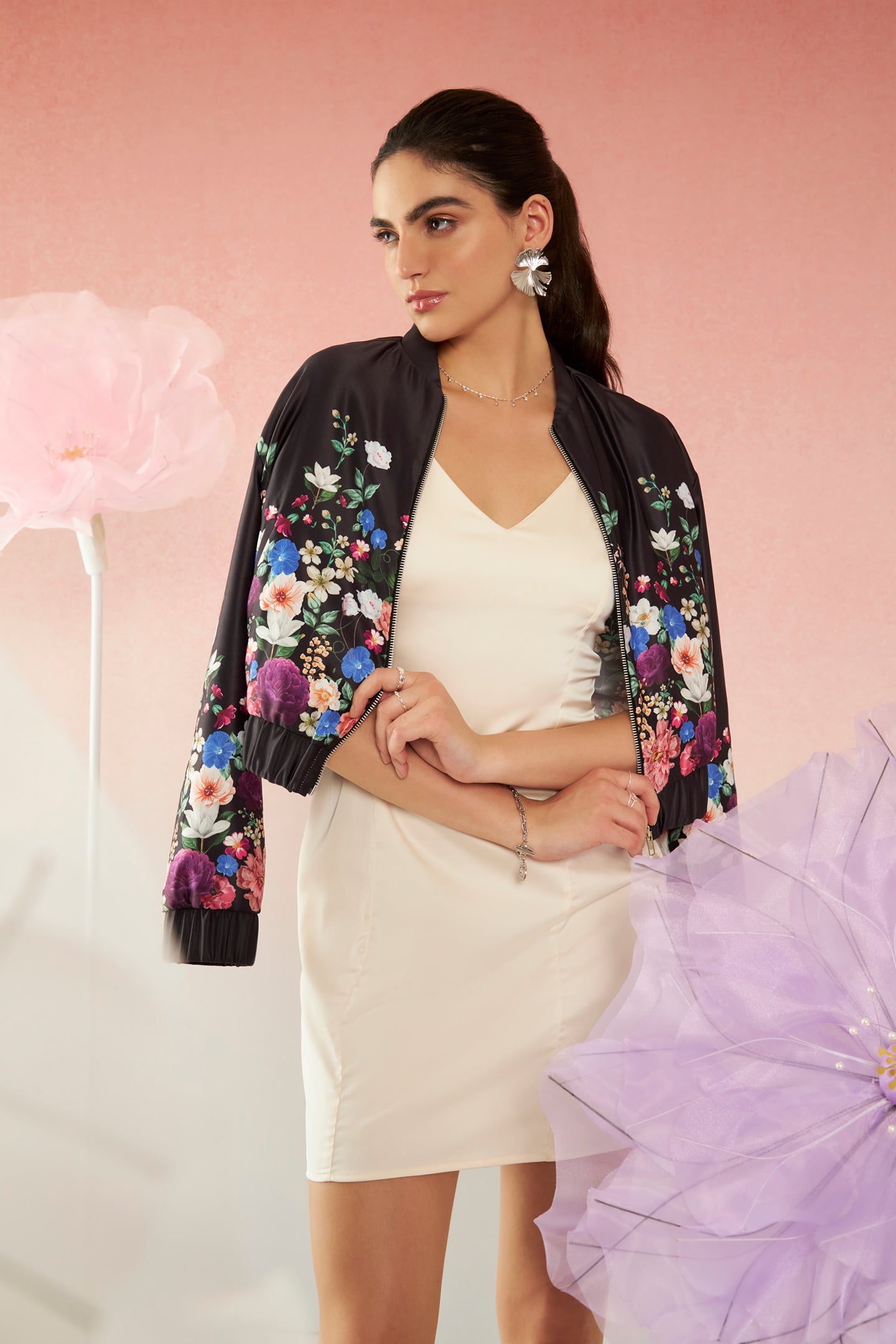 Erica|Chic Lycra Satin Floral Bomber Jacket
