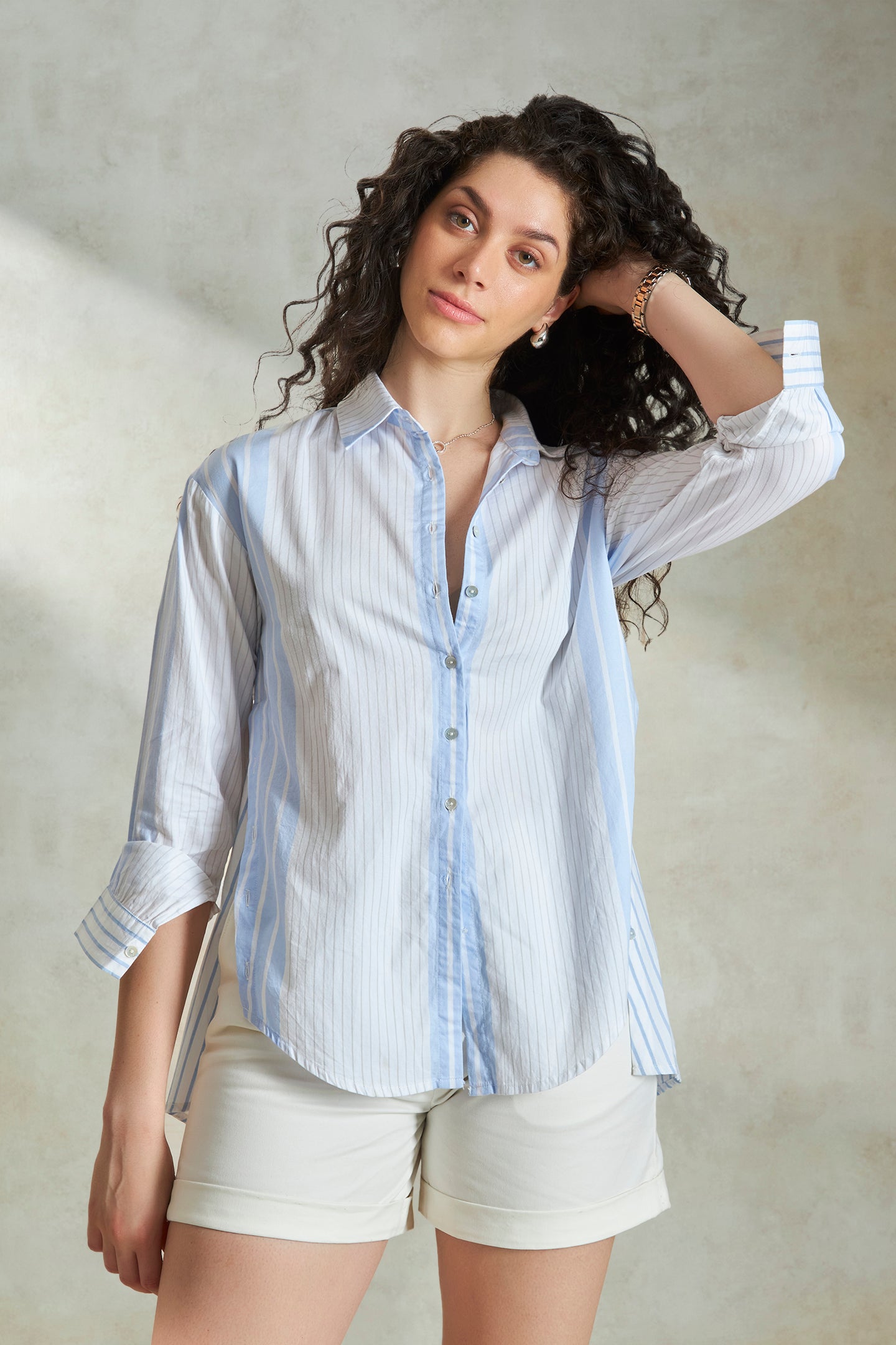 Venessa|Stripe Shirt With High Low Hem