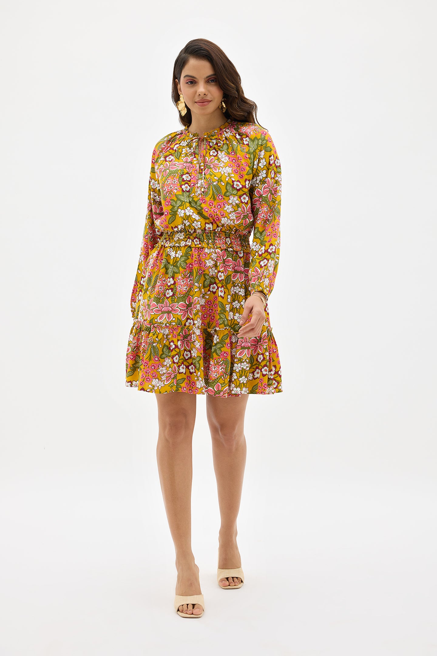 Juna|Flowy viscose fit and flare dress with smocked waist