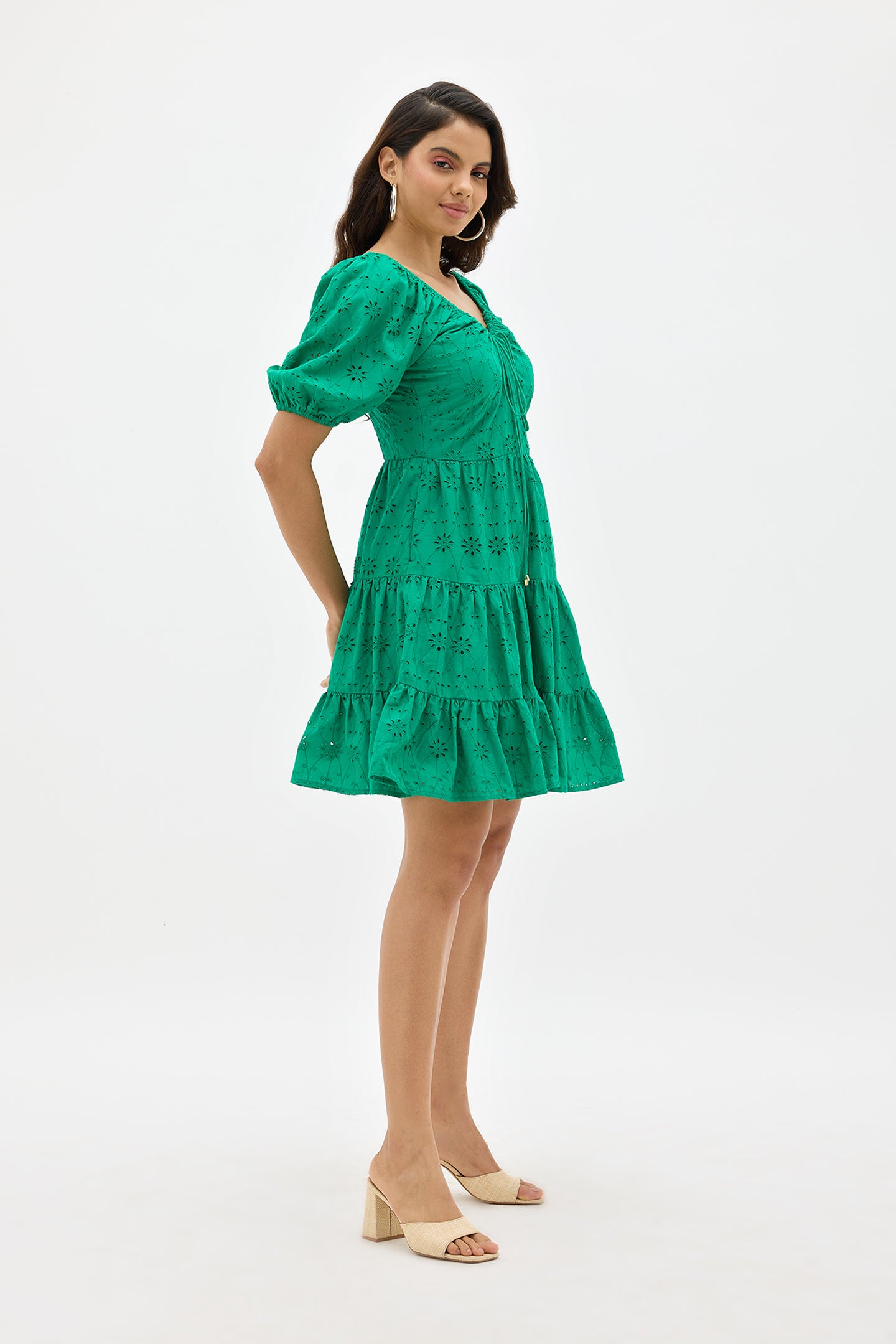 Mona|Soft cotton green schiffli tiered dress