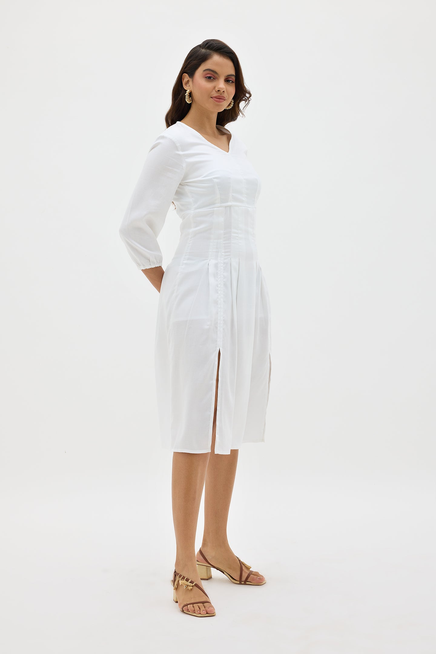 Anida|Breezy cotton fit and flare dress with blouson sleeve