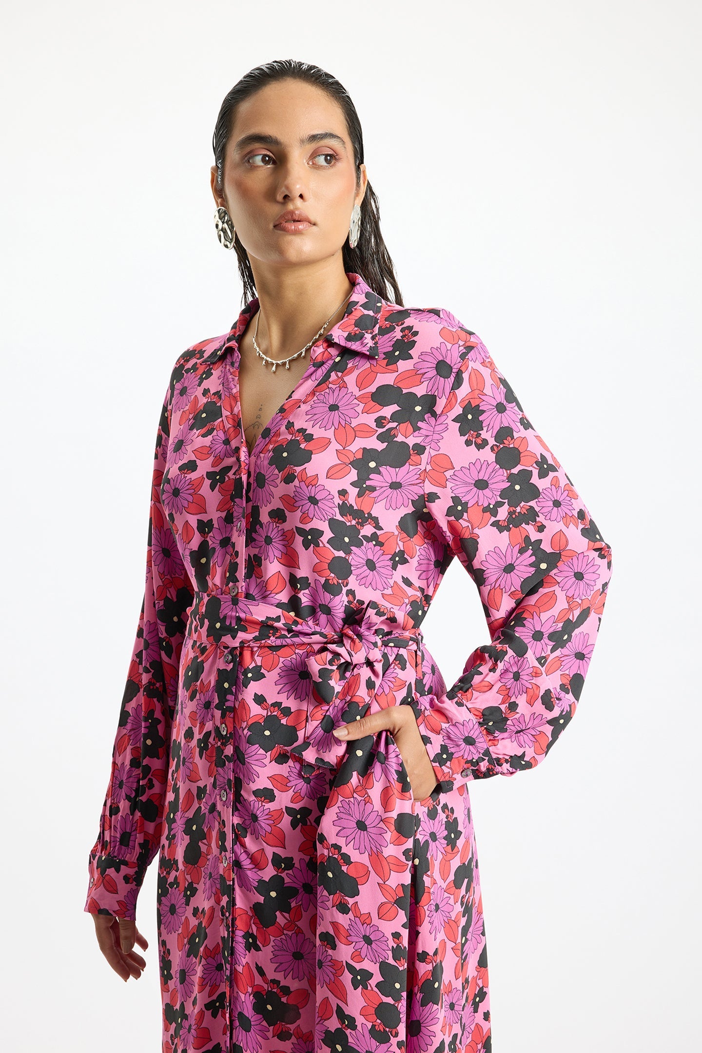 Zahra|Floral Fantasy Button-Down Dress with Pockets