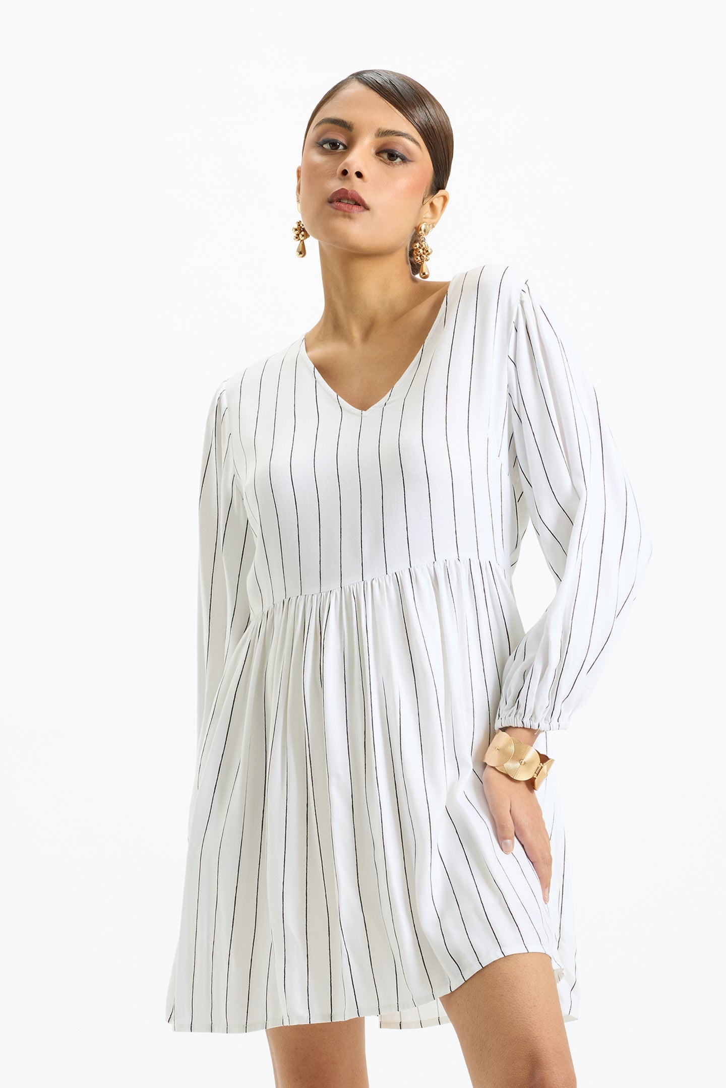 Adira|Stripe-tastic Back Drama Dress with Pockets
