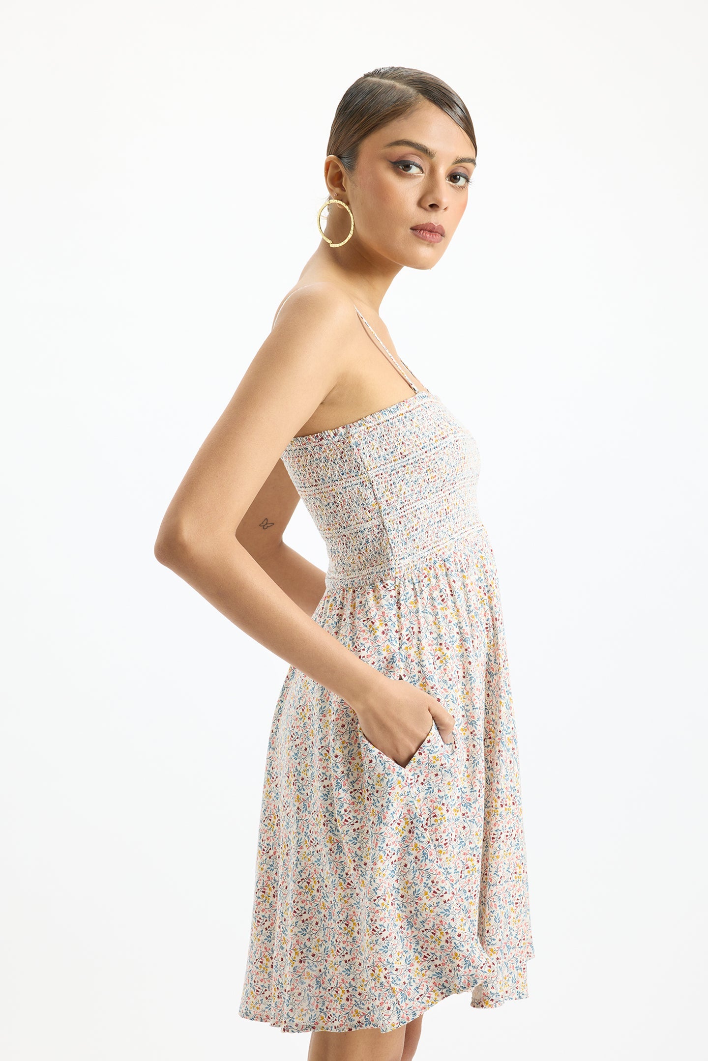 Arwa|Multicolored Meadow Smocked Floral Dress