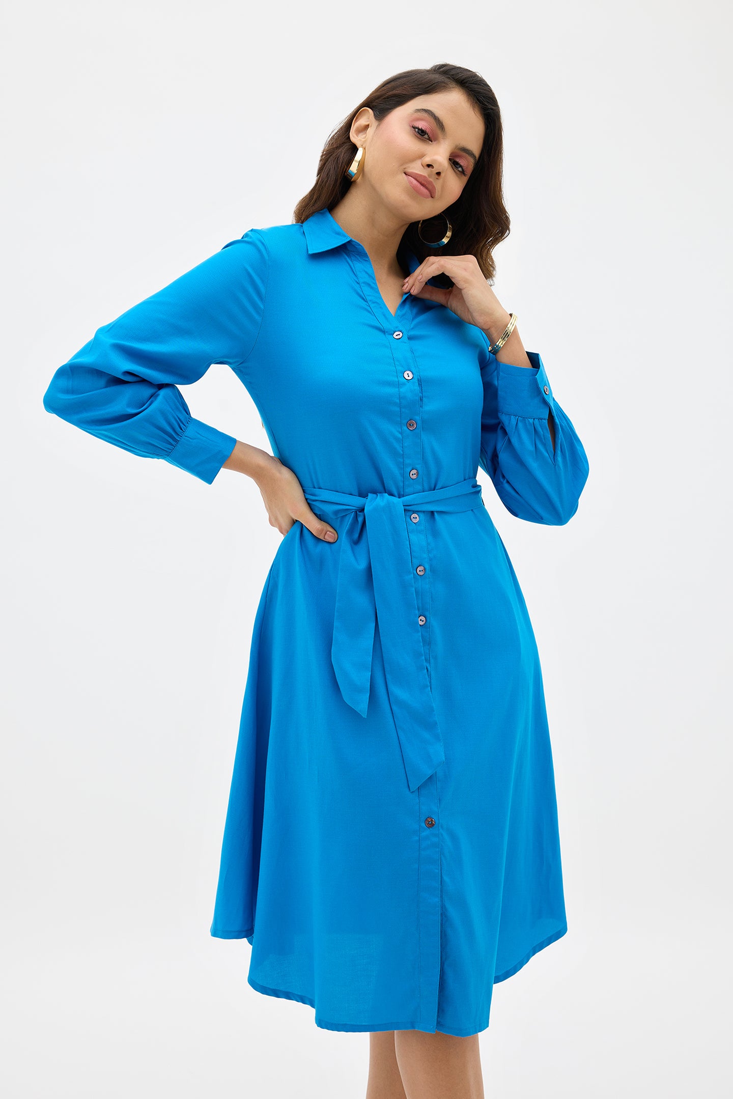 Nila|Luxurious blue lyocell midi shirt dress