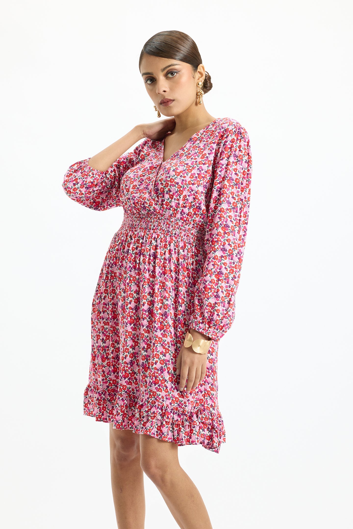 Eesha|Elasticated Floral V-Neck  Dress with Pockets