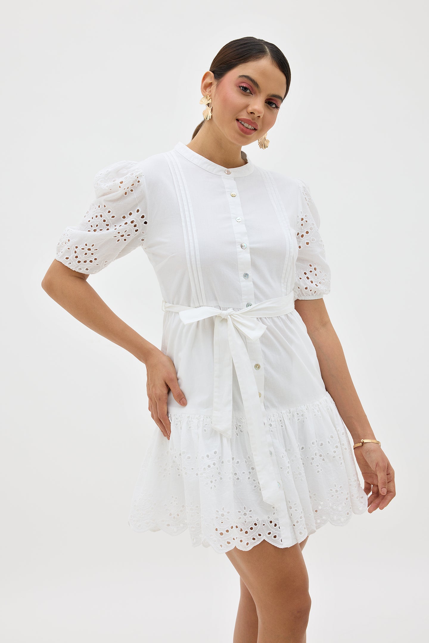 Isla|Soft cotton belted schiffli dress with puff sleeves