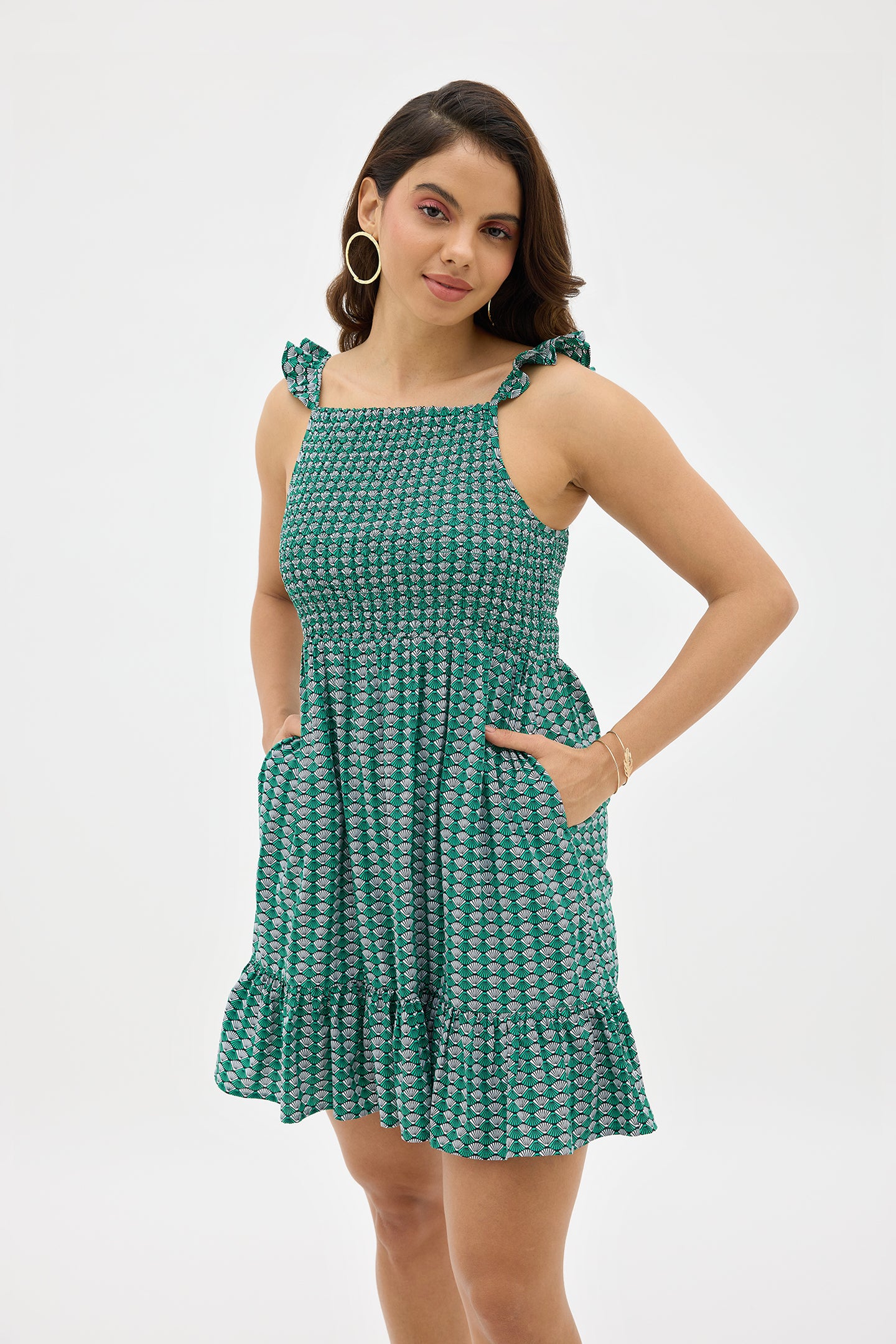 Aiza|Breezy cotton geo-print fit and flare dress